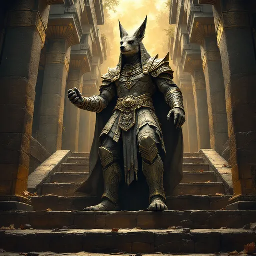 Prompt: in the style of a stone armored Aztec priest an anthropomorphic jackal in ceremonial robes high upon the temple steps