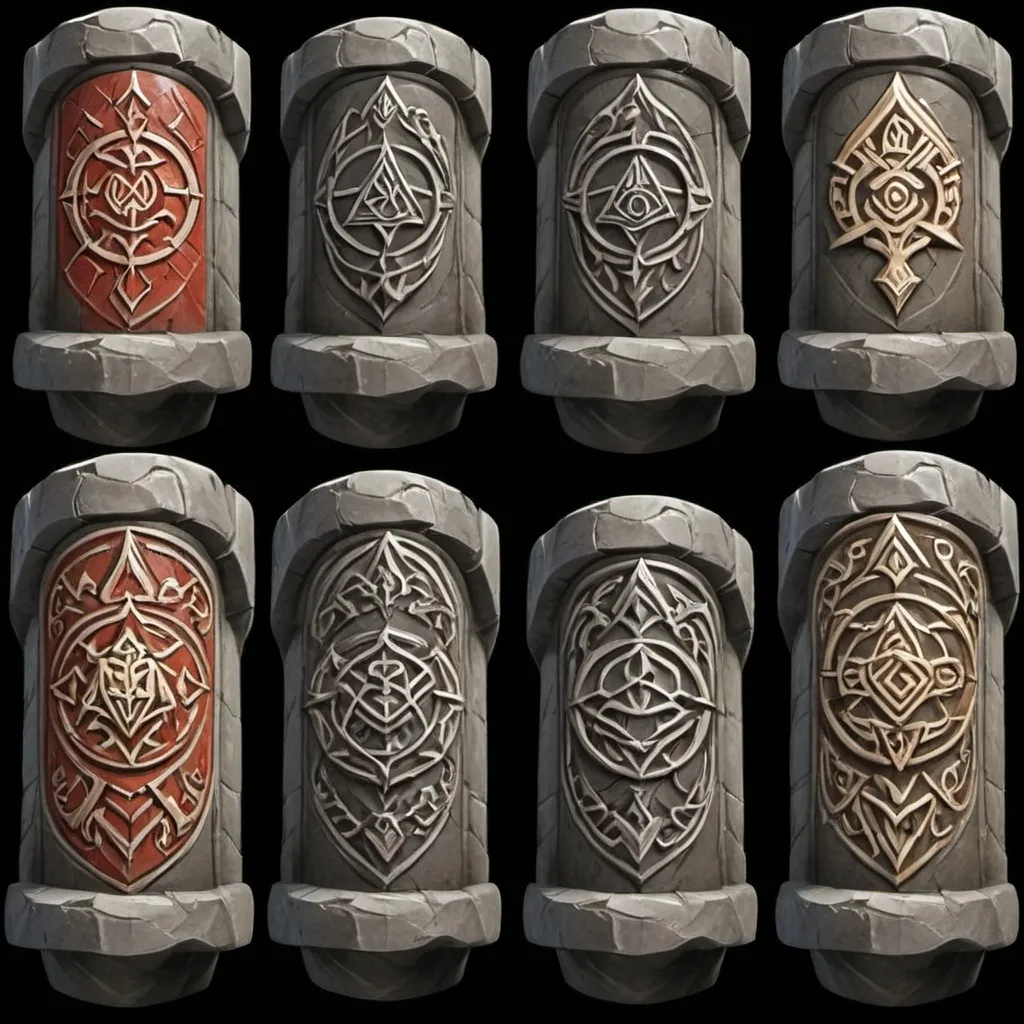 Prompt: Dwarven Stone Carved Heraldry for the differing Dwarven Noble Clans.  A ring of Stone Pillars, seven in all, each with a different stone carved sigil of heraldry.