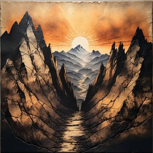 Prompt: aged and cracked canvas hand painted with wet ink dye to show a mountain valley cast in shadow with a sunrise breaking between two mountain crags.