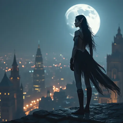 Prompt: A fierce elven woman warrior skin pale as moonlight, and hair black as night stands poised, on the roof tops overlooking the great fantasy city aglow with city lights. 