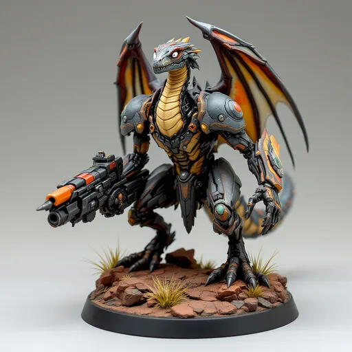 Prompt: Perched dynamically on a textured brown rocky base with tufts of painted grass, a formidable, multi color-hued Tall and Thin winged dinosaur-like creature stands out, showcasing a blend of organic and mechanical elements. It features a slender neck topped with an expressive head, where wide, white eyes peer with an intriguing mix of intelligence and curiosity. Encasing its shoulders is a futuristic armor adorned with intricate designs, while it grips a bulky weapon that augments its fierce appearance. The contrasting colors of matte and glossy paint bring depth to the figure, capturing attention with its vibrant accents, like hints of orange and green on the weapon. This impressive miniature evokes a sense of action and storytelling, suggesting a narrative steeped in a sci-fi universe where technology meets primal instincts.