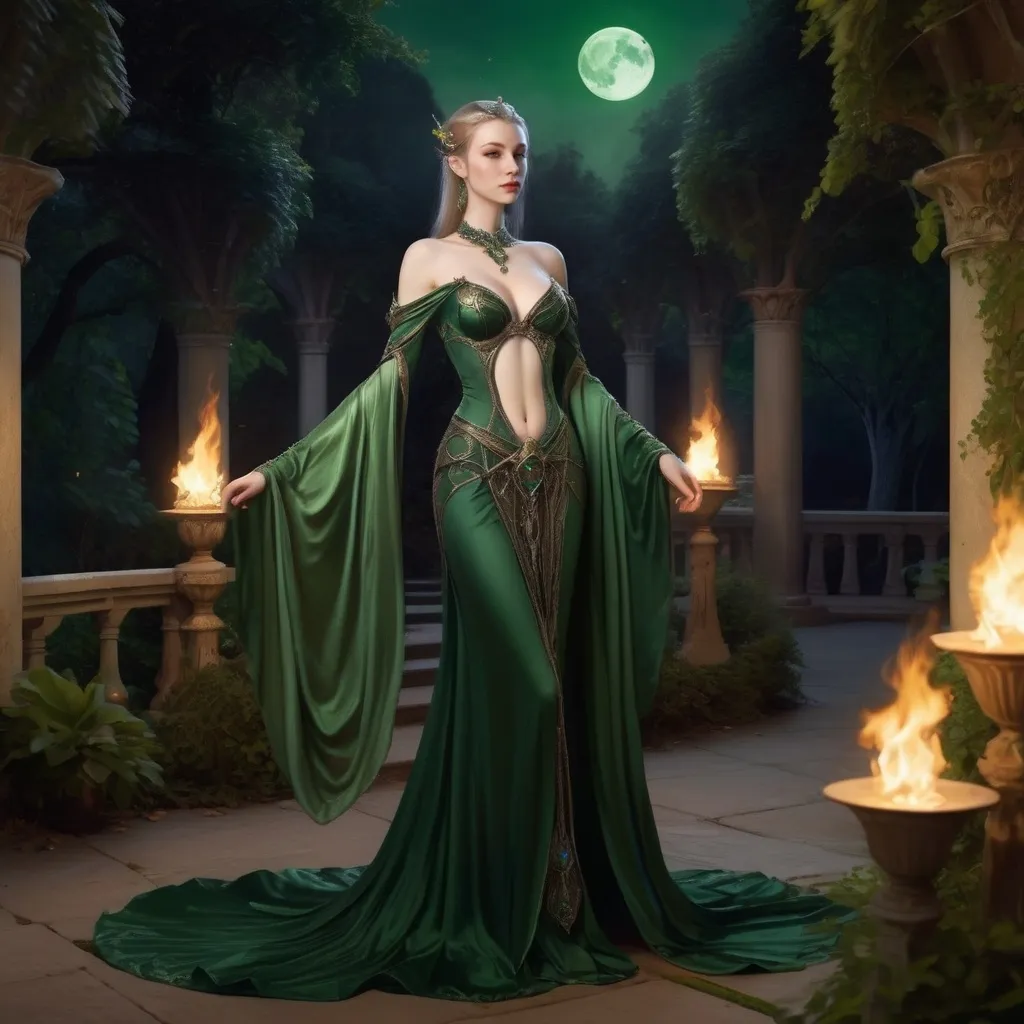 Prompt: elven courtesan of the night court, jeweled in greens and elegant silks, lit only by moonlight and flame torches in the palace gardens.  