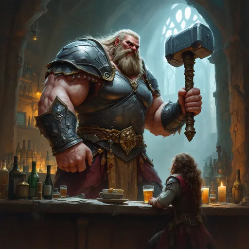 Prompt: a towering great giant of a woman, easily eight feet tall and muscled bulks of flesh beneath her armored dress hefts a fantasy hammer as her weapon and offers to arm wrestle the barkeep for a flagon of ale.