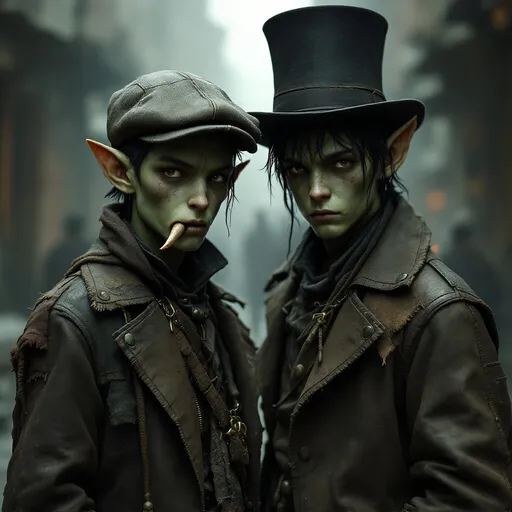Prompt: Two gritty green skin early teen boys stand closely together in a hazy, indistinct environment that suggests an urban setting from a fantasy bygone era. One boy, wearing a flat cap stuck over his long pointed ears, has a somber expression as he sucks at a lone tusk jutting from the right side of his jaw.  The other boy sports a tall, black top hat pulled down over greasy black hair tied with strings.  He has a serious demeanor, indicating a sense of resilience amidst hardship. Both of their clothes are patched with odd mismatching colored cloth patches, but their leather and hide coats look sturdy and warm.  The muted color palette of browns and grays enhances the mood, evoking a time of struggle and survival. Soft lighting creates a slightly blurred background, suggesting a busy street or alley filled with shadows and silhouettes, which adds depth and intrigue to their poignant presence. Together, they convey a narrative of innocence lost and the harsh realities of life, drawing the viewer into their story.