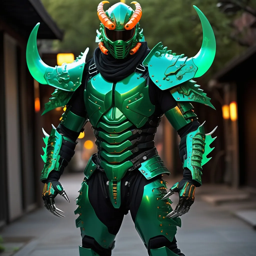 Prompt: lithe cybernetic full slim body power armor suit and mask in the style of a japanese samurai scorpion hero.  colored in jade green, crystal green, blacks and glowing oranges, with stinger blade arms and glowing cybernetic scorpion stinger on the back.