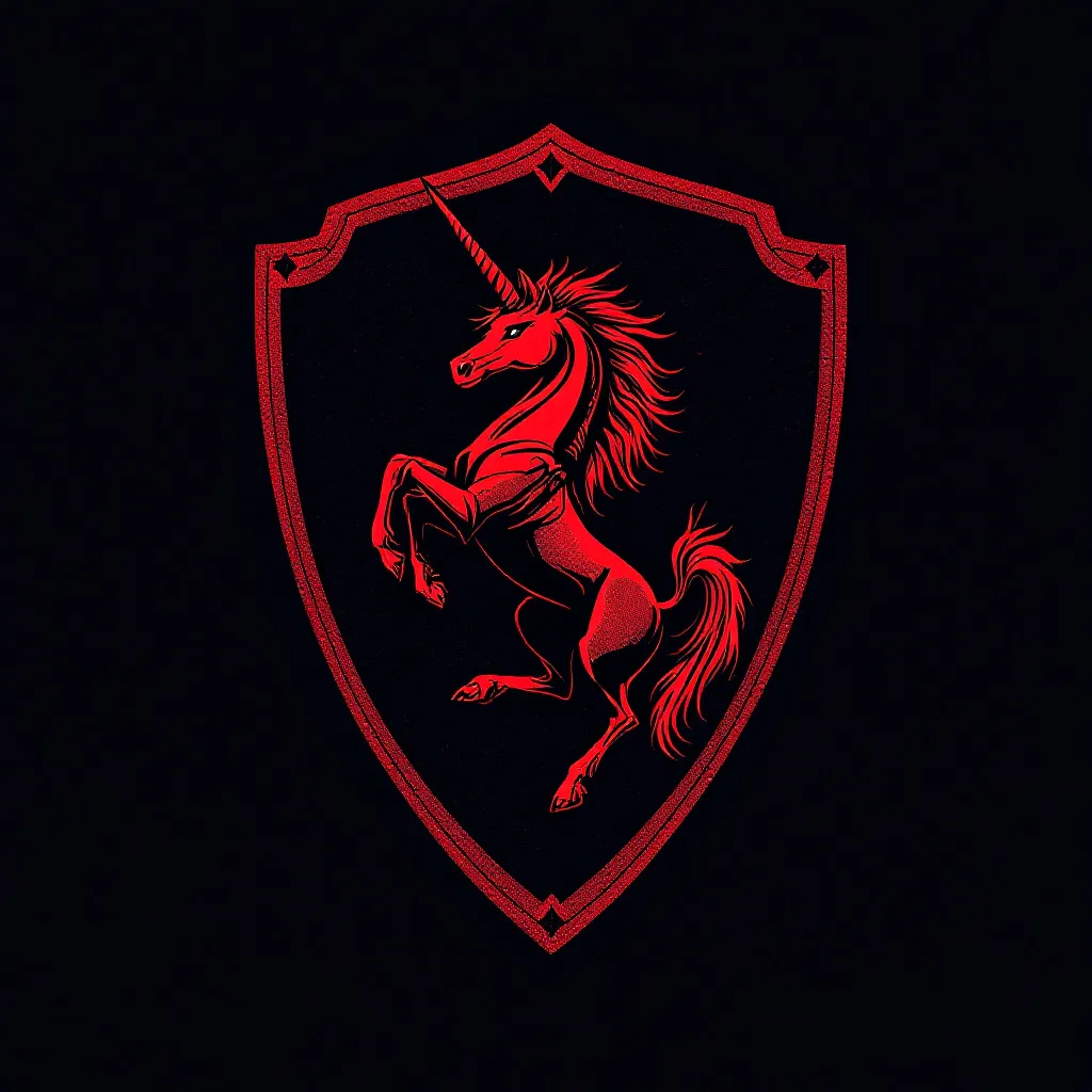 A striking red shield emblazoned with a stylized uni...