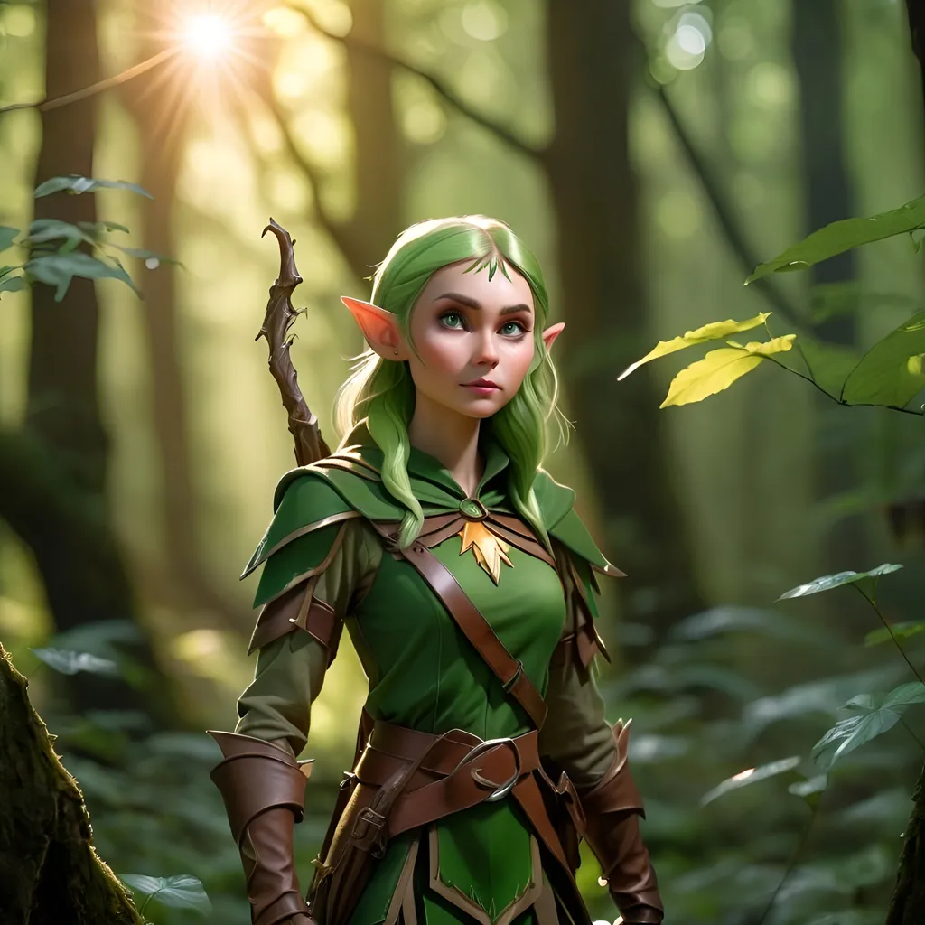 Prompt: Elf ranger in a mystical forest around sunlight