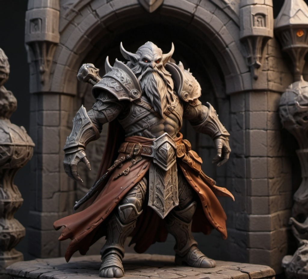 Prompt: 3D Printable Resin Miniature, detailed gaming character, dynamic pose, intricate features, solid gray resin, fantasy theme, ultra-detailed design, perfect for tabletop games, emphasizing textures and detailing, stylish contours, high-quality rendering, immersive atmosphere, captivating representation of gaming lore, suitable for advanced printing techniques.