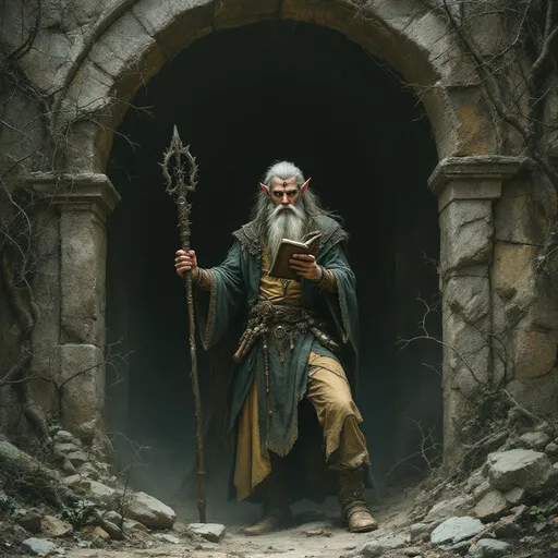 Prompt: Emerging from the shadows of an ancient, mystical arched ruin buried in dust and thorns, a striking figure of a younger wilder fae inspired bearded elf of near wild proportions and mythic wisdom - clutching a wizards spell book and staff looks about to make sure the perimeter is safe - he is a wizard of thorn and briar, a fey lost child touched by the insanity of the faeirie realm itself.  his robes are craft of green and yellowed leather, with copper circlet on his brow and over his ears painted a spiderweb white.  his staff is hand carved of elder wood, and shines with imbedded crystals up and down its shaft.  