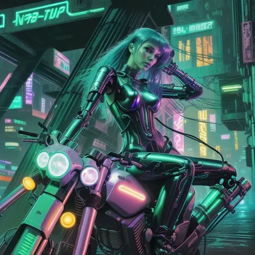 Prompt: Tall young cybernetic Japanese woman with green hair lit by inner woven LED lights deftly riding her cyberpunk futuristic motorcycle down dark cyberpunk apocalyptic streets.