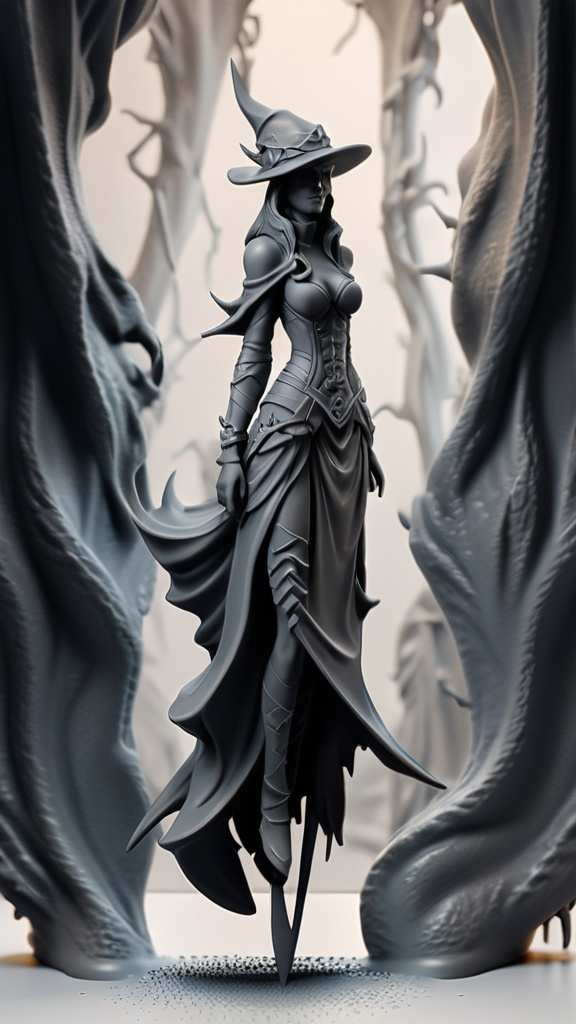 Prompt: 3D Printable Resin Miniature, detailed gaming character, dynamic pose, intricate features, solid gray resin, fantasy theme, ultra-detailed design, perfect for tabletop games, emphasizing textures and detailing, stylish contours, high-quality rendering, immersive atmosphere, captivating representation of gaming lore, suitable for advanced printing techniques.