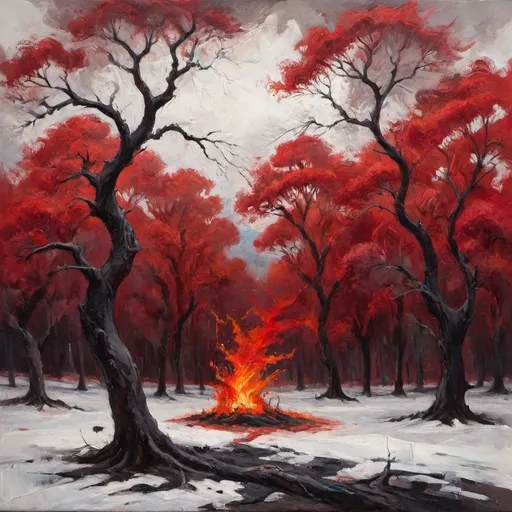 Prompt: Dark, gnarled branches stretch across a stark, predominantly white background, their silhouette set ablaze in vibrant red. The twists and turns of the trees create a sense of movement, as if they are swaying in a strong wind. The contrast between the fiery red hues and the muted white space above evokes an unsettling yet captivating atmosphere. This striking visual composition suggests a narrative of struggle or transformation, with the trees almost reaching out from the dark foreground into the bright expanse above, embodying both chaos and beauty in their entangled forms.