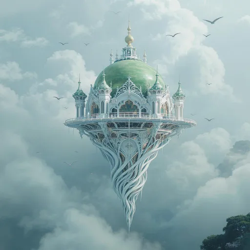Prompt: Emerging from an ethereal backdrop, an intricate structure floats gracefully, featuring a smooth, green domed roof adorned with elegant spires and delicate filigree. Below, the base tapers into a series of swirling, elongated pillars, resembling delicate tree trunks, that extend downward in a fantastical display of architecture that blends organic and mystical elements. The color palette remains predominantly cool with shades of silver and green, lending an otherworldly glow to the piece, while the fine details invite closer inspection. This visionary design conveys a sense of levitation and wonder, suggesting a realm of fantasy where nature and architecture harmoniously coexist. The overall mood is both serene and awe-inspiring, evoking curiosity about the world it inhabits.