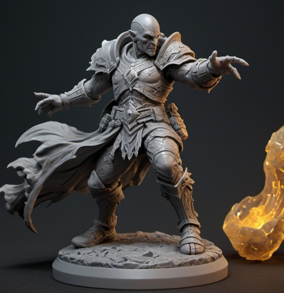 Prompt: 3D Printable Resin Miniature, detailed gaming piece, dynamic pose, intricate features, solid gray resin, fantasy theme, ultra-detailed design, perfect for tabletop games, emphasizing textures and detailing, stylish contours, high-quality rendering, immersive atmosphere, captivating representation of gaming lore, suitable for advanced printing techniques.