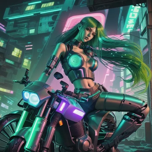 Prompt: Tall young cybernetic Japanese woman with green hair lit by inner woven LED lights deftly riding her cyberpunk futuristic motorcycle down dark cyberpunk apocalyptic streets.