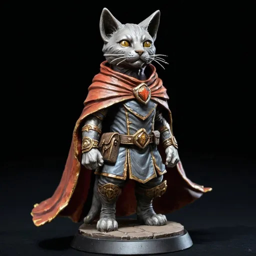 Prompt: a statue of a cat wearing a cape and a cape on its head, with a black background,, Altichiero, sots art, gloomhaven, a character portrait