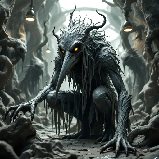 Prompt: Emerging from a surreal and stylized setting, a foreboding, avian humanoid figure with sharp long nightmarish beak, crouches menacingly amidst intricate, twisted forms that suggest a world teeming with dark fantasy. The creature, crafted in shades of gray, boasts elongated limbs and a grotesque, avian-like head with sharp long stabbing beak, with piercing yellow eyes that enhance its eerie presence. Draped in tattered layers of fabric that seem to blend seamlessly with its form, it exudes an ominous energy, poised as if ready to spring into action. The environment, subtly lit by overhead fixtures, features additional abstract creatures that echo the ominous style of the central figure, creating a sense of depth and otherworldliness. This sculptural piece captures a narrative steeped in mystery and foreboding, engaging the viewer with its striking design and the palpable tension of an impending encounter.