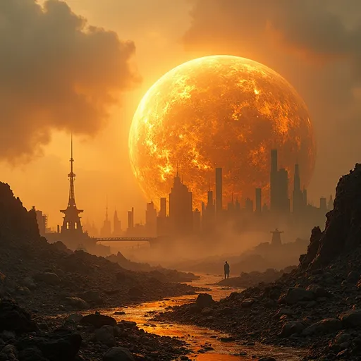 Prompt: The backdrop showcases a ruined burned out and rusted world beneath a radiant sky, dominated by a glowing golden NEW structure that resembles a colossal gem or monolithic sun, a church of the artificial -casting warm light over the scene, yet built on the bones of the worlds dead from the robot wars.  This captivating blend of organic beauty and technological elements as well as dark and light -evokes themes of transformation and the convergence of humanity and machinery, inviting contemplation about identity and the future. 
