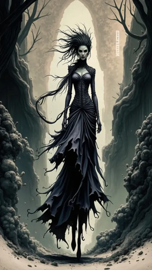 Prompt: Emerging from the shadows of an ancient, mystical arched ruin buried in dust and thorns, a striking figure stands poised and enigmatic, exuding an aura of haunting beauty. Clad in an elaborate, dark gown that flows like liquid shadows, her silhouette contrasts sharply against the ethereal light filtering through a dilapidated archway in the background, hinting at a once-majestic structure now overrun by nature. Her wild, windswept hair frames a delicate yet fierce face, accentuated by sharp features and a subtly defiant expression, as if she is both guardian and outcast of this forgotten realm. The scene is imbued with a whimsical yet somber tone, characterized by muted colors and a blend of intricate details that evoke a fantasy story rich with mystery and emotion. The interplay of light and dark, along with the intricate textures of her clothing and the surrounding environment, draws the viewer deeper into this surreal narrative.