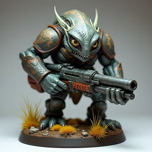 Prompt: Perched dynamically on a textured brown rocky base with tufts of painted grass, a formidable, multi color-hued fat squat GRAY-alien-like creature stands out, showcasing a blend of organic and mechanical elements. It features a slender neck topped with an expressive head, where wide, white eyes peer with an intriguing mix of intelligence and curiosity. Encasing its shoulders is a futuristic armor adorned with intricate designs, while it grips a bulky weapon that augments its fierce appearance. The contrasting colors of matte and glossy paint bring depth to the figure, capturing attention with its vibrant accents, like hints of orange and green on the weapon. This impressive miniature evokes a sense of action and storytelling, suggesting a narrative steeped in a sci-fi universe where technology meets primal instincts.