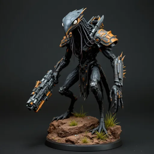 Prompt: Perched dynamically on a textured brown rocky base with tufts of painted grass, a formidable, black color-hued Tall and tentacled avian alien-like creature stands out, showcasing a blend of organic and mechanical elements. It features a slender neck topped with an expressive head, where wide, white eyes peer with an intriguing mix of intelligence and curiosity. Encasing its shoulders is a futuristic armor adorned with intricate designs, while it grips a bulky weapon that augments its fierce appearance. The contrasting colors of matte and glossy paint bring depth to the figure, capturing attention with its vibrant accents, like hints of orange and green on the weapon. This impressive miniature evokes a sense of action and storytelling, suggesting a narrative steeped in a sci-fi universe where technology meets primal instincts.
