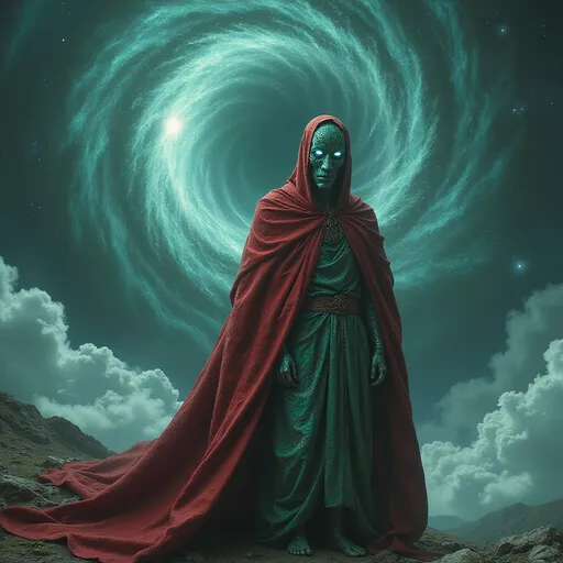Prompt: A mysterious figure stands prominently in the foreground, cloaked in deep red and emerald robes that ripple with intricate patterns, hinting at ancient origins. The head, elongated and resembling a stylized mask, features swirling lines and glowing blue eyes that exude an otherworldly aura. Behind this enigmatic character, a cosmic backdrop reveals a swirling vortex, suggesting a portal or gateway to unknown dimensions, surrounded by ethereal clouds and hints of distant stars. The scene is illuminated by a soft, otherworldly light that accentuates the textures of the figure's garments and the mesmerizing swirls of the background, creating a mood of wonder and suspense. This striking blend of colors and shapes evokes a narrative steeped in mystery, balancing elements of science fiction and the arcane.