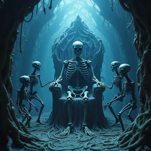 Prompt: In a surreal and hauntingly intricate scene, a skeletal figure dominates the center, seated on a throne that appears woven from organic materials and machinery, surrounded by four smaller, similarly skeletal companions. Each figure exhibits an eerie blend of humanoid form and mechanical elements, highlighted by elongated heads and sinuous features, emanating a sense of both majesty and menace. The environment is illuminated by an ethereal blue glow that contrasts sharply with the dark, twisted architecture that frames the backdrop, enhancing the otherworldly atmosphere. The composition draws the eye toward the central figure, emphasizing its importance, while the intricate details of the skeletal forms and flowing lines of the throne create a sense of elaborate complexity. Overall, the image conveys a mood of ominous power and an unsettling beauty, suggesting a narrative steeped in science fiction and existential themes.