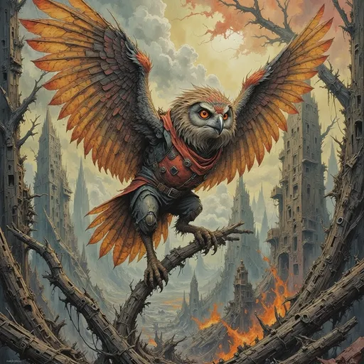 Prompt: The great owl (pilot) soars over the bramble ruin