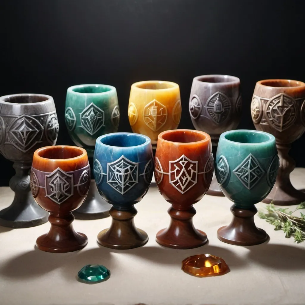 Prompt: 7 Dwarven Stone drinking chalices, carved from the very gemstones pulled from the earth.   Each carved with a dwarven house sigil/heraldry.