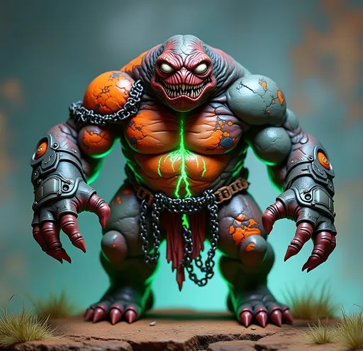 Prompt: Perched dynamically on a textured brown rocky base with tufts of painted grass, a formidable, multi color-hued fat HULKING biosynthetic chem fed creature with glowing green chemical pumps tubing working into and out of fat rolls and muscles making the creature a military menace -  WITH BROKEN CHAINS HANGING stands out, as well as ripped and torn lab subject apparrel - showcasing a blend of organic and mechanical flowing tube elements. It features a slender neck topped with an expressive head, where wide, white eyes peer with an intriguing mix of intelligence and curiosity. Encasing its shoulders is a futuristic armor adorned with intricate designs, while it grips a bulky weapon that augments its fierce appearance. The contrasting colors of matte and glossy paint bring depth to the figure, capturing attention with its vibrant accents, like hints of orange and green on the weapon. This impressive miniature evokes a sense of action and storytelling, suggesting a narrative steeped in a sci-fi universe where technology meets primal instincts.