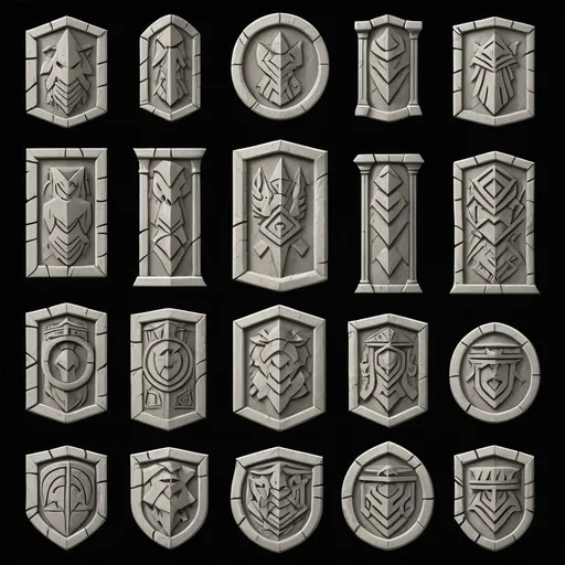 Prompt: Dwarven Stone Carved Heraldry for the differing Dwarven Noble Clans.  A ring of Stone Pillars, seven in all, each with a different stone carved sigil of heraldry.