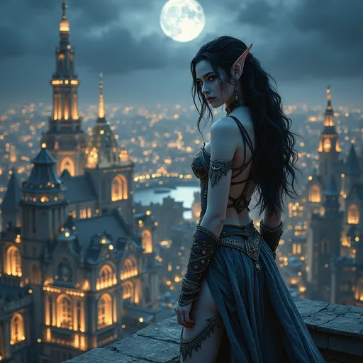 Prompt: A fierce elven woman warrior skin pale as moonlight, and hair black as night stands poised, on the roof tops overlooking the great fantasy city aglow with city lights. 
