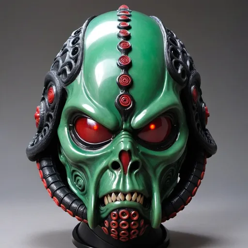 Prompt: A sith helmet/facemask unlike any we have seen, colored in greens, blacks and reds in the design of an alien tentacle japanese style mask.