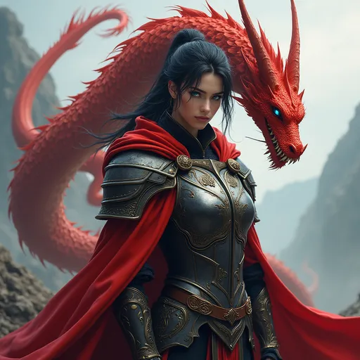 Prompt: Draped in intricately detailed armor adorned with scales, a fierce female warrior stands poised, exuding an air of confidence and strength. Her expression is serious, framed by striking black hair and a vibrant blue eyes, while her regal red cloak flows dramatically behind her. Coiling ominously above her shoulder, a majestic thin red dragon, its body curving like a flame, showcases fierce determination with sharp, menacing features and a long, sinuous tail. The Dragons eyes are a matching glowing blue to the female warrior.  Behind the pair the muted background, hinting at distant mountains and wisps of cloud, enhances the fantastical and mythical atmosphere of the scene, creating a captivating interplay between the warrior and her dragon companion. The overall palette, dominated by bold reds, blacks, and metallic grays, reinforces the theme of power and struggle, inviting viewers into a world where legend meets fierce artistry.