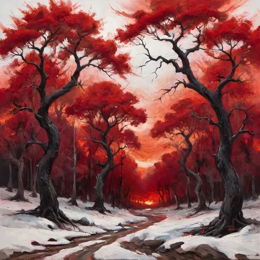 Prompt: Dark, gnarled branches stretch across a stark, predominantly white background, their silhouette set ablaze in vibrant red. The twists and turns of the trees create a sense of movement, as if they are swaying in a strong wind. The contrast between the fiery red hues and the muted white space above evokes an unsettling yet captivating atmosphere. This striking visual composition suggests a narrative of struggle or transformation, with the trees almost reaching out from the dark foreground into the bright expanse above, embodying both chaos and beauty in their entangled forms.