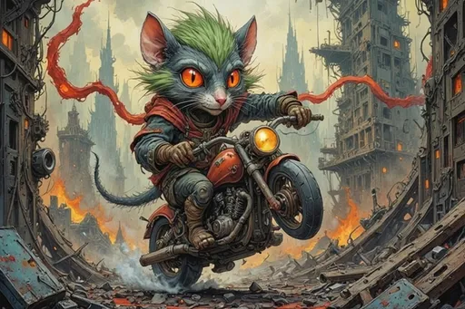 Prompt: sign that says "Brambledread Apocalyptic" on it's side with thorns growing from the letters, apocalypse, concept art
Anthropomorphic Cat biker rogue with wild green hair races her futuristic motorcycle through the rat wild wastes and ruins to escape flying bio-mechanical attack drones that are chasing her in the briar down ruin.  