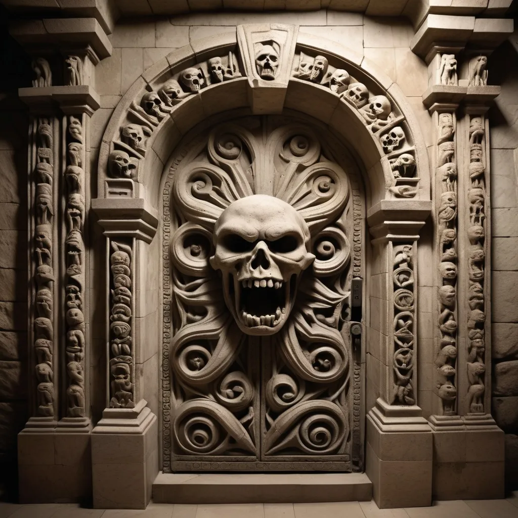 Prompt: a stone door in an ancient crypt is surrounded by the carved motif of a hundred terror stricken screaming faces and grasping arms, representing the souls of the damned as they cry out from the very depths of hell.  