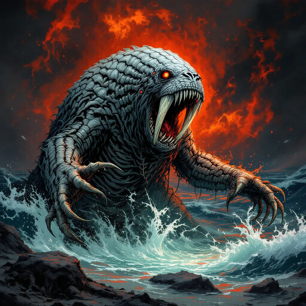 Prompt: dungeons and dragons style Anthropomorphic Walrus necromancer, summoning up the undead bones of dead fish and whales from the very sea