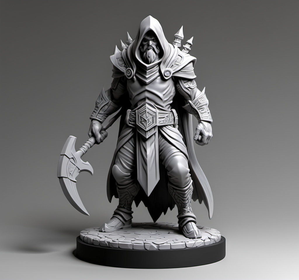 Prompt: (3D Printable Resin Miniature), detailed gaming character, dynamic pose, intricate features, gray resin, fantasy theme, ultra-detailed design, perfect for tabletop games, emphasizing textures and detailing, stylish contours, high-quality rendering, immersive atmosphere, captivating representation of gaming lore, suitable for advanced printing techniques.