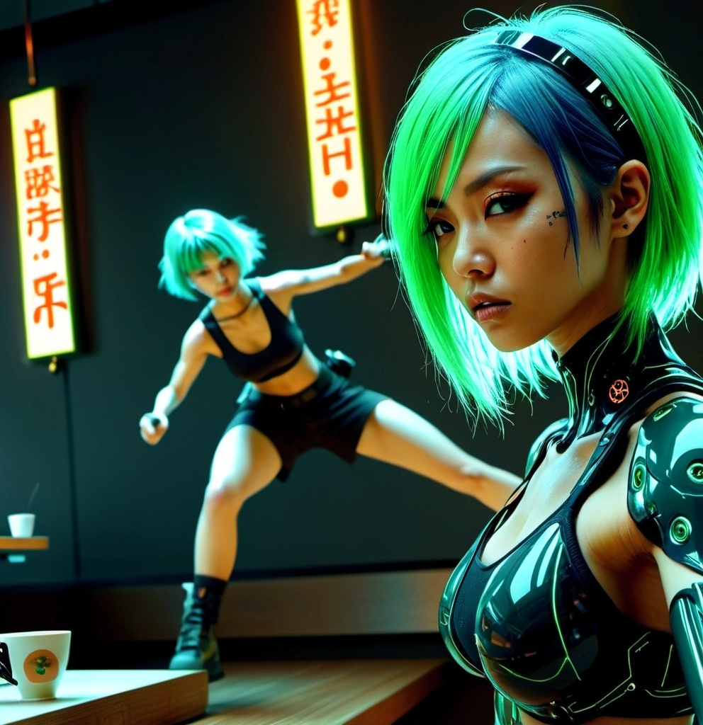 Prompt: Sci-fi Heroine, Japanese woman with green hair lit by inner woven green led's sparring cyberpunk style, with a biomimetic wired man in japanese coffee shop, highly detailed, HD, dark background lit by neon argon and glowing orange lights