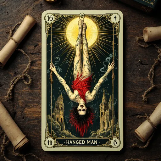 Prompt: The Tarot Card of the "Hanged Man" Set against a richly textured wooden surface, the tarot card centrally features a hung figure upside down with ropes tied to ankle and building - he is adorned with intricate tattoos showing death and a flowing, sheer red cloth that hangs like blood to the ground below. The figure emanates an ethereal energy, with wisps of smoke curling around it as if emerging from another realm, highlighting the combination of life and death. Radiating behind the figure, a large golden circle casts an eerie light, enhancing the spectral mood, while the card’s ornate borders incorporate symbols and colors that suggest mystical significance. Surrounding the card, vintage scrolls and a closed book hint at themes of divination and the unknown, creating an atmosphere thick with mystery and intrigue. This composition evokes a sense of the uncanny, drawing the viewer into the arcane world of tarot.