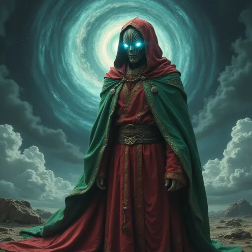 Prompt: A mysterious figure stands prominently in the foreground, cloaked in deep red and emerald robes that ripple with intricate patterns, hinting at ancient origins. The head, elongated and resembling a stylized mask, features swirling lines and glowing blue eyes that exude an otherworldly aura. Behind this enigmatic character, a cosmic backdrop reveals a swirling vortex, suggesting a portal or gateway to unknown dimensions, surrounded by ethereal clouds and hints of distant stars. The scene is illuminated by a soft, otherworldly light that accentuates the textures of the figure's garments and the mesmerizing swirls of the background, creating a mood of wonder and suspense. This striking blend of colors and shapes evokes a narrative steeped in mystery, balancing elements of science fiction and the arcane.