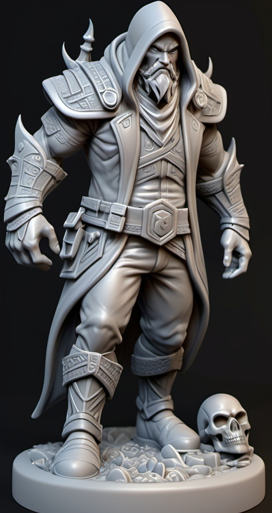 Prompt: 3D Printable Resin Miniature, detailed gaming character, dynamic pose, intricate features, solid gray resin, fantasy theme, ultra-detailed design, perfect for tabletop games, emphasizing textures and detailing, stylish contours, high-quality rendering, immersive atmosphere, captivating representation of gaming lore, suitable for advanced printing techniques.