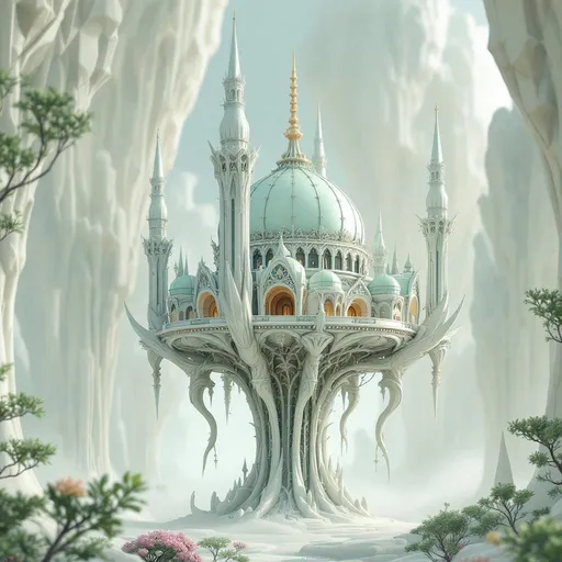 Prompt: A fantastical structure emerges, featuring a large, domed roof in a soft mint green, intricately detailed with ornate spires and elegant curves that suggest both elegance and fragility. The building appears to float gracefully above ground, supported by slender, twisting pillars that resemble delicate tree trunks or natural formations, enhancing its ethereal quality. Surrounding the central dome, sharp, crystalline elements jut out, creating a sense of height and intricacy, capturing the imagination with their otherworldly design. The color palette is dominated by pale grays and hints of green, contributing to a dreamlike atmosphere that could belong to an animated fantasy realm. This whimsical architecture invites viewers to ponder its purpose and the majestic world it inhabits.