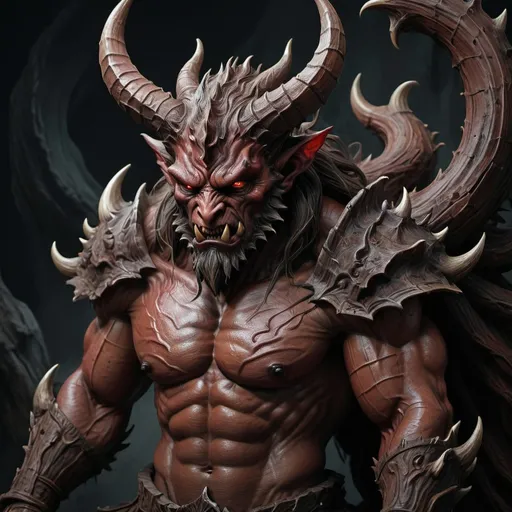Prompt: Emerging from the darkness, a strikingly detailed figure embodies a mythical demon, characterized by its imposing horns that curve sharply upwards, surrounded by textured, rugged skin reminiscent of tree bark. The fierce countenance, with deep-set eyes and a furrowed brow, expresses an intense, almost primal energy, accented by the vivid red tones that contrast sharply against the dark background. This creature's chest is intricately designed with layers of hardened, steel-like material, adding to its menacing presence. The lighting emphasizes the rough textures and contours of its face and body, creating a dramatic interplay of shadow and light that enhances its terrifying yet fascinating nature. The overall composition evokes a sense of awe and unease, inviting viewers to ponder the stories and myths surrounding such a formidable being.  Overall what stands out the most is the glow of its yellow poison eyes... and how they glare at the viewer.  
