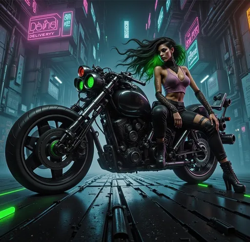 Prompt: Columbian Latina beauty with cyberpunk Green in her hair lit by woven in LED lights, sits mounted on her cyberpunk motorcycle in a cyberpunk alleyway.  She has one cyborg arm and wears a Pink lace see through top and torn jeans.  The sign on the shop behind her reads "Dead End Delivery"