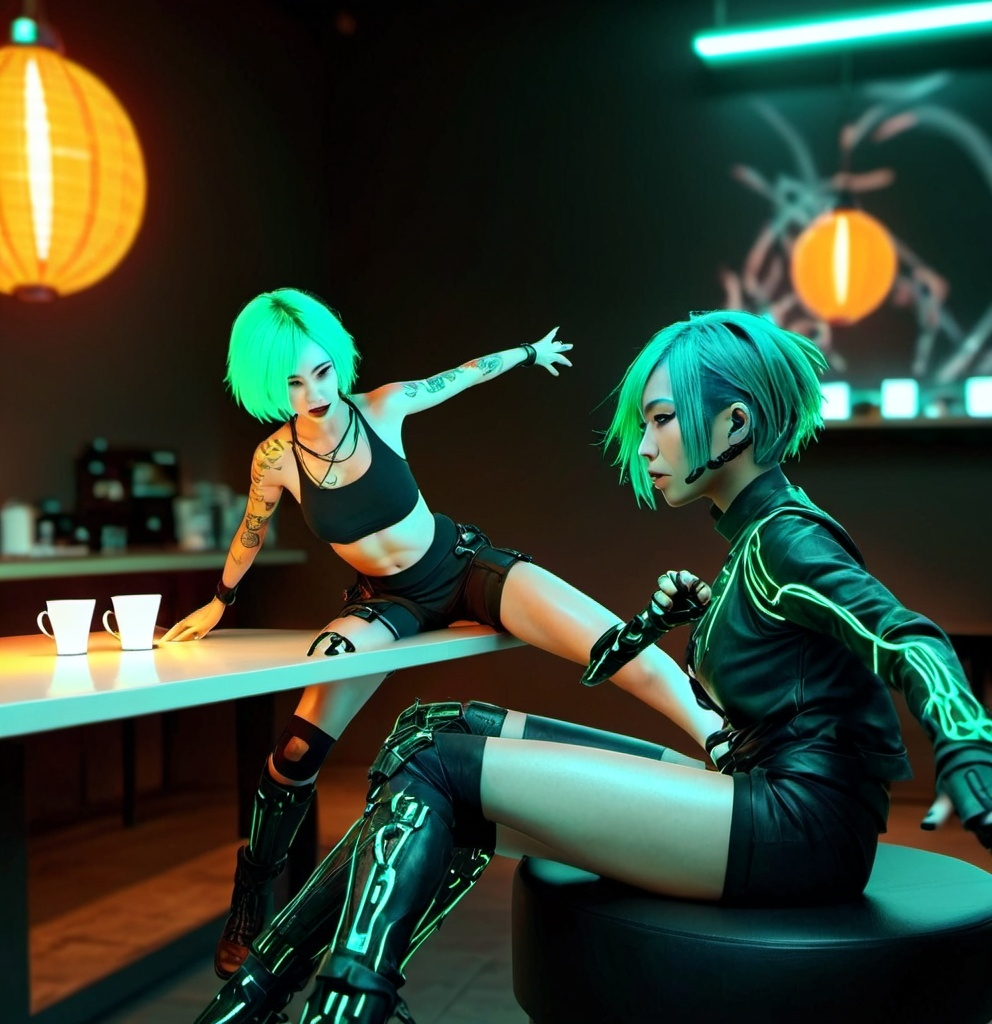 Prompt: Sci-fi Heroine, Japanese woman with green hair lit by inner woven green led's sparring cyberpunk style, with a biomimetic wired man in japanese coffee shop, highly detailed, HD, dark background lit by neon argon and glowing orange lights