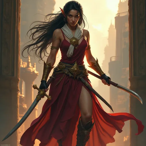 Prompt: A fierce elven woman warrior skin pale as moonlight, and hair black as night stands poised, exuding confidence and strength as she brandishes a curved sword, its blade reflecting the light. Dressed in a richly adorned outfit that mixes deep reds and earthy tones in layers and layers of sleek silks, she wears an intricately designed belt laden with various tools and weapons, enhancing her commanding presence. Her flowing garments billow dramatically, suggesting movement and the ability to conceal more weapons, while a light scarf drapes over her shoulders, adding an air of mystery. Adorned with golden jewelry and vibrant jewelry, her fierce expression conveys determination and charisma, hinting at an adventurous spirit and a story brimming with intrigue. The overall composition is striking and dynamic, inviting curiosity about her journey and the challenges she faces.  her left foot is placed on a balcony ready to leap out into the warm glowing city, off on some adventure