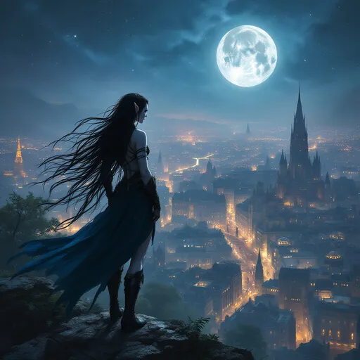 Prompt: A fierce elven woman warrior skin pale as moonlight, and hair black as night stands poised, on the roof tops overlooking the great fantasy city aglow with city lights. 