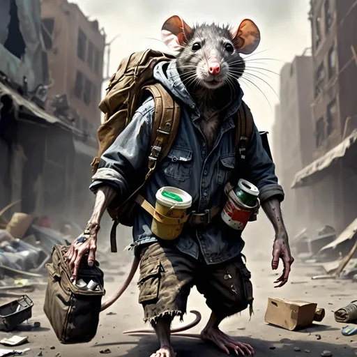 Prompt: post apocalyptic hand painting of a anthropomorphic rat survivor in apocalypse rags and carrying a back pack of scavenged goods.